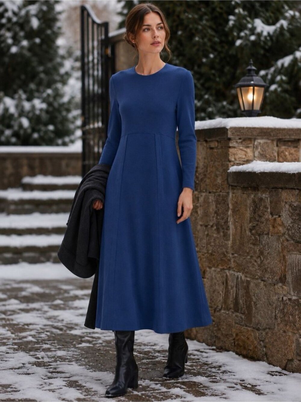 FLAW Norm Thompson 100% Merino Wool Long Sleeve Maxi Dress Women 10/12 Blue Mode